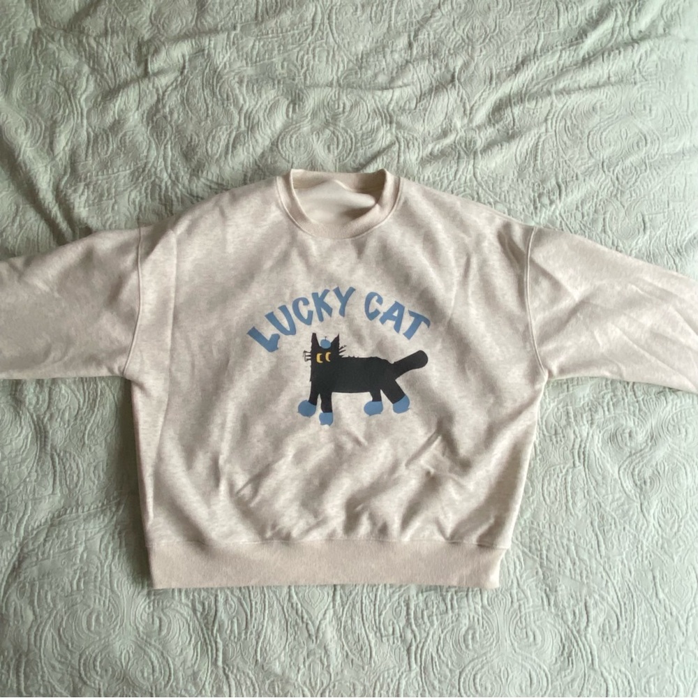 Gray and Black Lucky Cat Silhouette Pullover Sweatshirt Hoodie Sweater OS Light - Picture 4 of 4